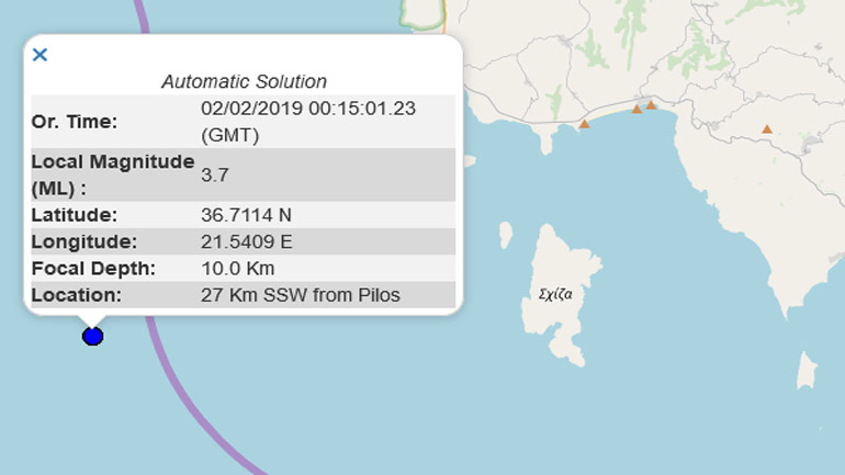 Σεισμική δόνηση 3,7R νοτιοδυτικά της Πύλου
