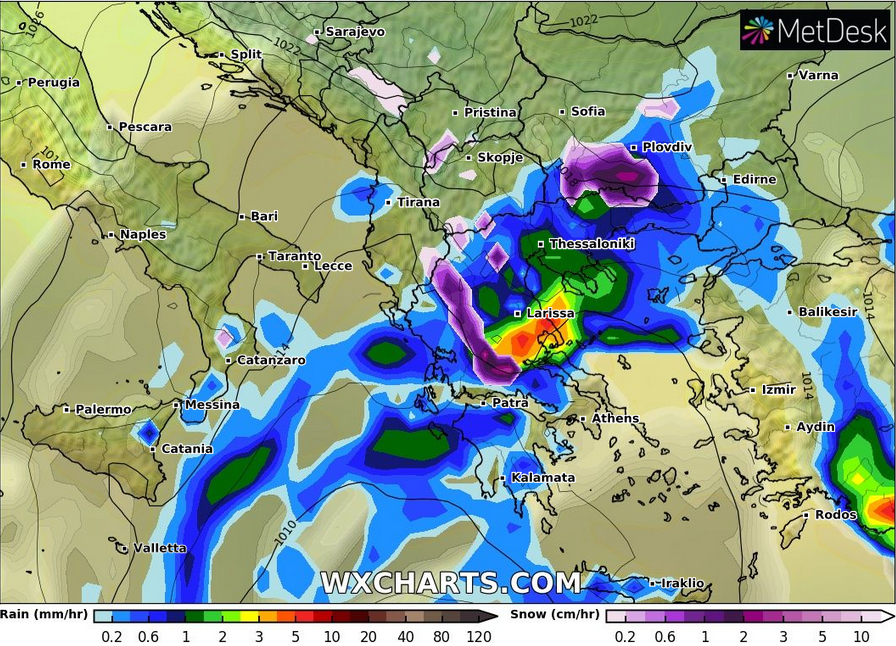 Χάρτης υετού την Τετάρτη το μεσημέρι