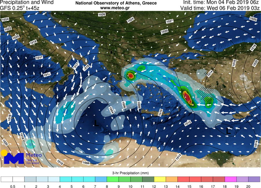 Η θέση του βαρομετρικού χαμηλού και τα φαινόμενα που θα λάβουν χώρα κατά τις πρωινές ώρες της Τετάρτης 06/02/2019