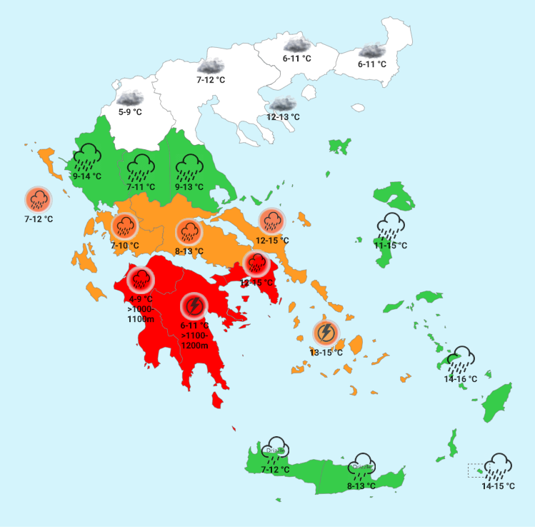 Xάρτης του Forecastweather για τα καιρικά φαινόμενα την Τρίτη το βράδυ