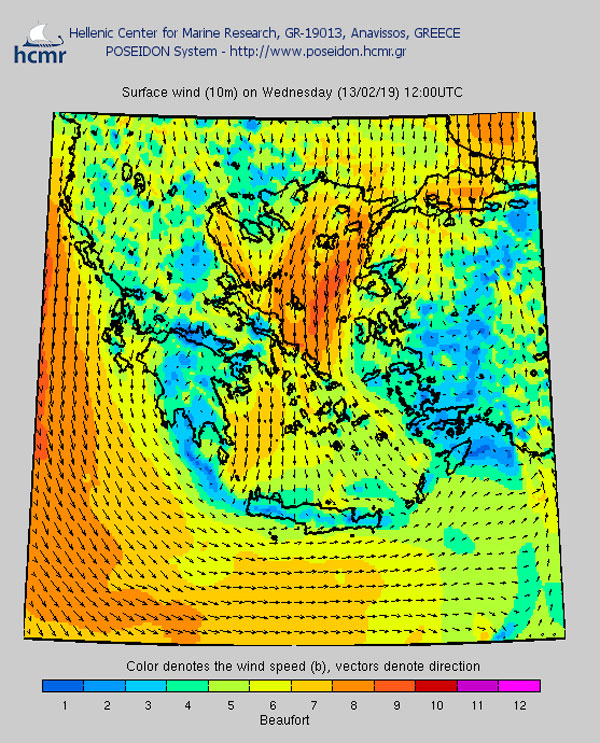 Άνεμος επιφανείας (Το χρώμα δηλώνει την ένταση του ανέμου στην κλίμακα Μποφόρ)