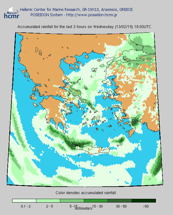 Βροχόπτωση την Τετάρτη (το χρώμα δηλώνει το αθροιστικό ύψος της βροχόπτωσης)