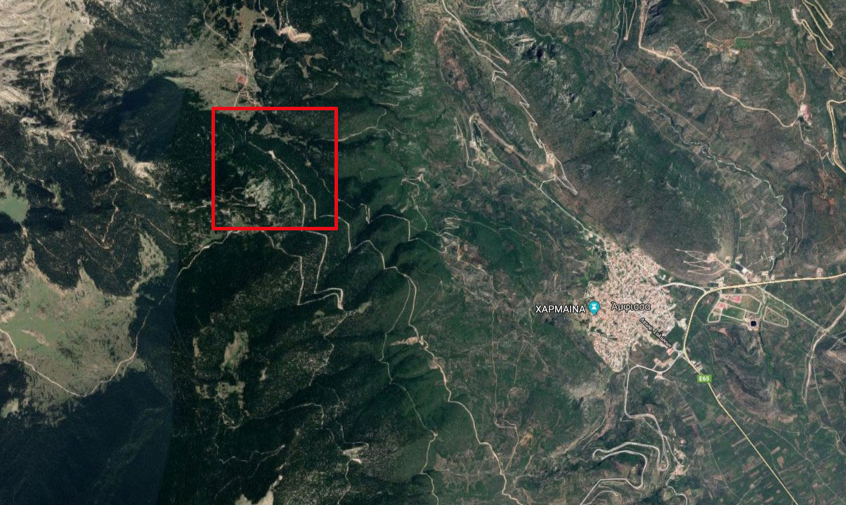 Mε κόκκινο χρώμα το σημείο των ερευνών - Περιοχή όπου σύμφωνα με πληροφορίες δραστηριοποιούνται χρυσοθήρες 