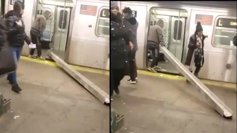 Άνδρας προσπαθεί να μεταφέρει μεταλλικό δοκάρι με το μετρό