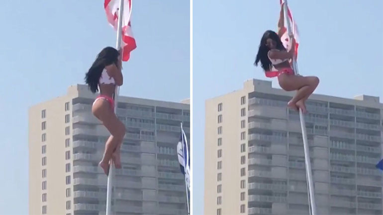 Epic Fail: Γυναίκα με μπικίνι σκαρφαλώνει σε στύλο σημαίας