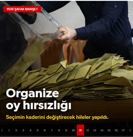 Η Yeni Safak μεταξύ άλλων κάνει λόγο για «Οργανωμένη κλοπή ψήφων - Απάτες που άλλαξαν το αποτέλεσμα των εκλογών»