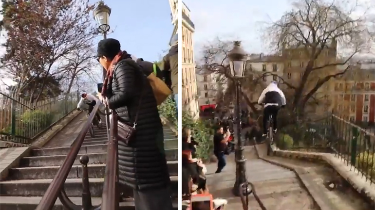 Ποδηλάτης σπέρνει τον πανικό κατεβαίνοντας τις σκάλες της Μονμάρτρης