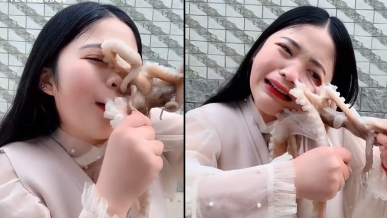 Χταπόδι γραπώνεται στο πρόσωπο μιας γυναίκας