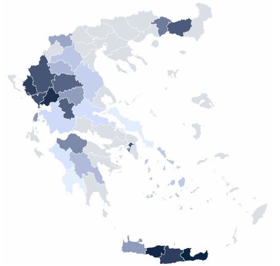 Όσο πιο έντονο το χρώμα τόσο πιο χαμηλό το ποσοστό της Χρυσής Αυγής