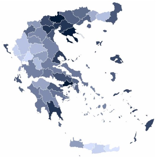 Το βαθύ μαύρο απεικονίζει περιοχές όπου εντοπίζονται τα υψηλότερα ποσοστά της Χρυσής Αυγής, στις φετινές ευρωεκλογές