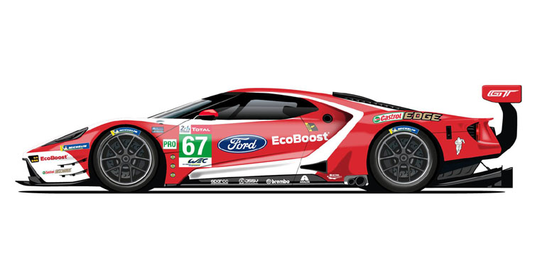 Το Ford GT40, με το οποίο πήραν τη νίκη στο Le Mans το 1967 οι Dan Gurney και A.J. Foyt, τιμάται με τα νέα χρώματα του Ford GT με το #67 που θα οδηγήσουν οι Βρετανοί Andy Priaulx και Harry Tincknell με τον Αμερικανό Jonathan Bomarito
