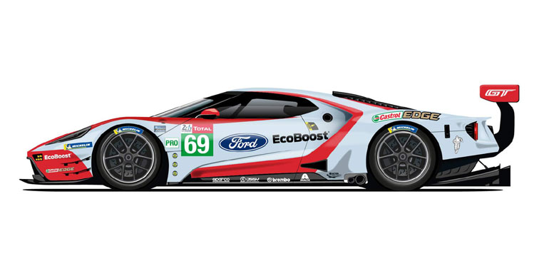 Το Ford GT με το #69, που θα οδηγήσει ο Νεοζηλανδός Scott Dixon μαζί με τον Αυστραλό  Ryan Briscoe και τον Βρετανό Richard Westbrook, θα έχει τα ίδια αγωνιστικά χρώματα με το Ford GT40 που είχε ανέβει στη δεύτερη θέση του βάθρου στο ένδοξο Le Mans του 1966, όπου η Ford έγραψε ιστορία κάνοντας το 1-2-3