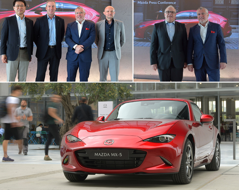 Πάνω αριστερά: Hajime Seikaku, Vice President & General Manager, R&D Center, Mazda Motor Europe, David McGonigle, Regional Director Mazda Central & South East Europe, Πολυχρόνης Συγγελίδης, Πρόεδρος και Γενικός Διευθυντής του Ομίλου Συγγελίδη και Jo Stenuit, Design Director, R&D Center, Mazda Motor Europe. Πάνω δεξιά, Γιάννης και Πολυχρόνης Συγγελίδης