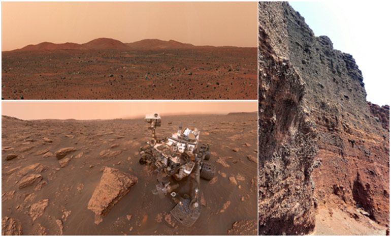 Άρης – Σαντορίνη: Δύο παρόμοιοι κόσμοι(αριστερά πάνω). Τα East Hills του Άρη από το rover Spirit (πηγή: NASA/JPL/Cornell), (αριστερά κάτω) o κρατήρας Gale και το rover Curiosity (πηγή: ASA/JPL-Caltech/MSSS), (δεξιά) Χαρακτηριστική περιοχή δειγματοληψίαςτων πετρωμάτων που μελετήθηκαν στη Σαντορίνη (πηγή: Διπλωματική εργασία Α.Πανταζίδη).