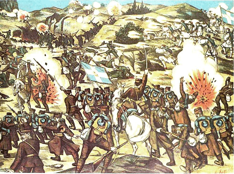 Μάχη στον Λαχανά, λιθογραφία του Σωτήρη Χρηστίδη (1858-1940)