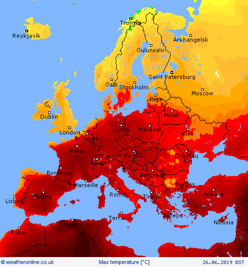 Χάρτης ανώτατων θερμοκρασιών την Τετάρτη