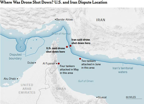 Τοποθεσίες της κατάρριψης του Drone που σημειώνονται από το Υπουργείο Άμυνας των ΗΠΑ και το υπουργείο Εξωτερικών του Ιράν. Όρια από πού καθορίζει τις θαλάσσιες περιοχές το ‘Flanders Marine Institute’.