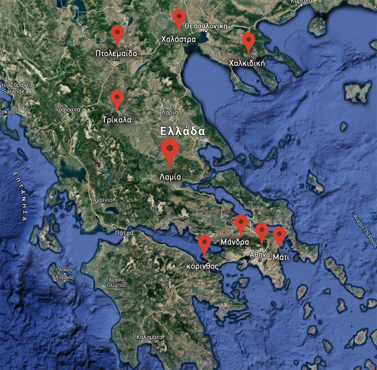 Χάρτης της Ελλάδας στον οποίο φαίνονται τα μέρη που έχουν εκδηλωθεί ακραία φαινόμενα 