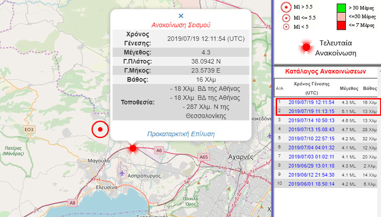 Το επίκεντρο του σεισμού των 5,1R και το επίκεντρο των 4,3R
