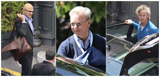  Από αριστερά: Satya Nadella, CEO της Microsoft- Eric Schmidt, πρώην CEO του Google, τώρα διευθυντής του Alphabet-Alex Karp, CEO του  Palantir, φτάνουν για τη σύσκεψη του 2019 της  Bilderberg στο Montreux.