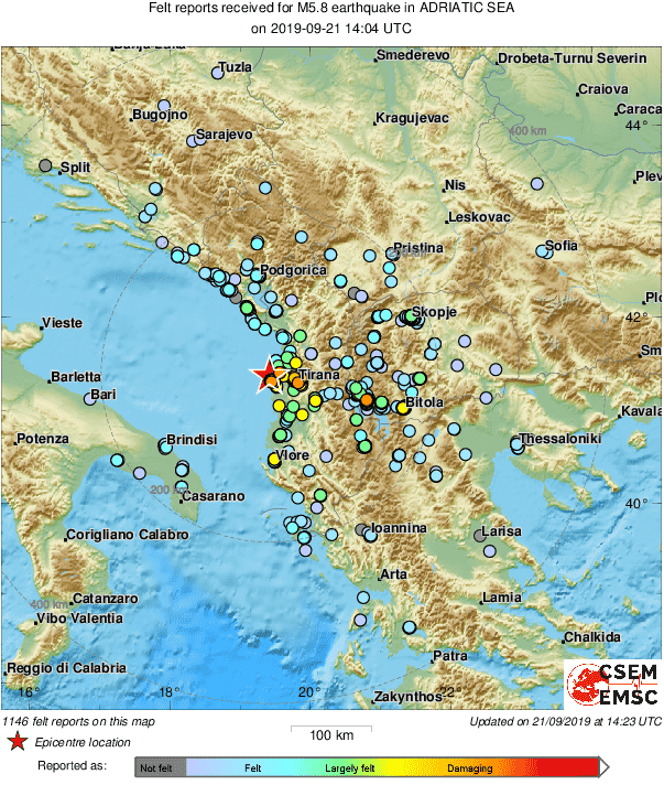 Όπως δείχνει ο χάρτης του Ευρωμεσογειακού Σεισμολογικού Κέντρου οι σεισμικές δονήσεις έγιναν αισθητές σε Ιωάννινα, Θεσσαλονίκη και Λάρισα. Επίσης, στα Σκόπια αλλά και τις γειτονικές περιοχές της Ιταλίας