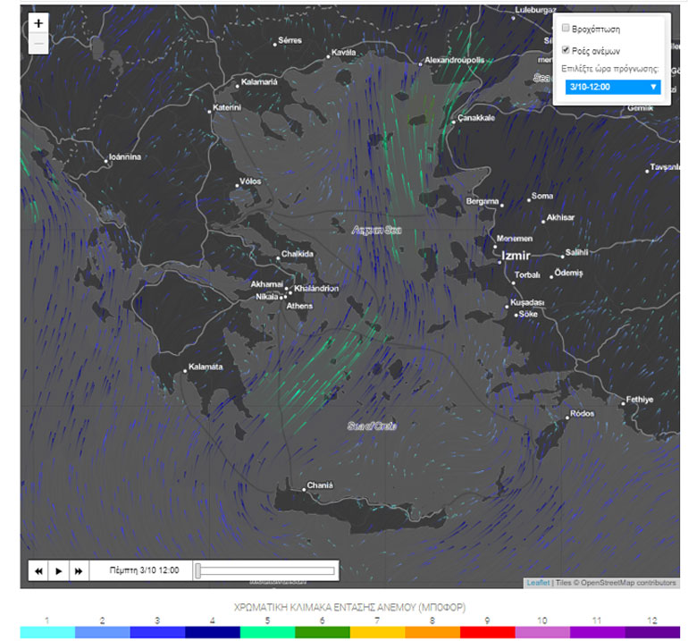 Ανεμολόγιο (ροές ανέμων) Πέμπτη 12.00