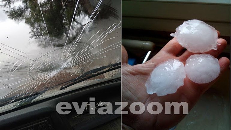 Το σφοδρό χαλάζι στην Εύβοια προκάλεσε καταστροφές ακόμη και σε αυτοκίνητα