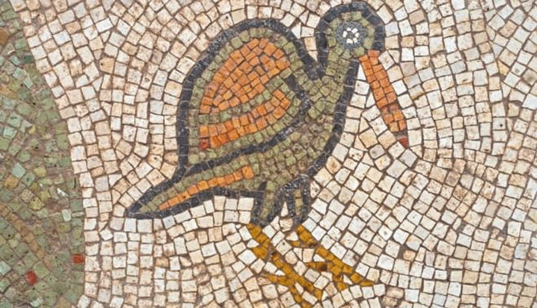 Δάπεδα διακοσμημένα με μεγάλα μωσαϊκά που απεικονίζουν πουλιά, καρπούς και φυτά