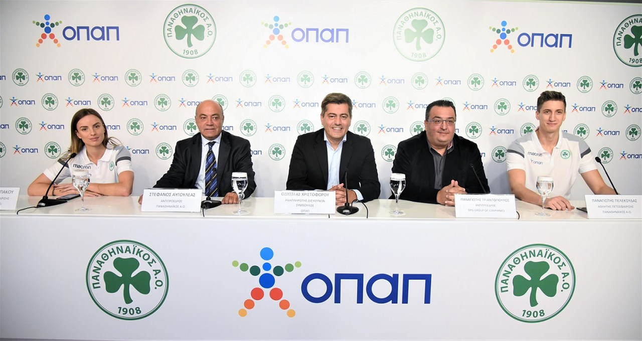 (από αριστερά): Ασπασία Καλαμπάκου - Αθλήτρια Καλαθοσφαίρισης Παναθηναϊκού Α.Ο., Στέφανος Αυγουλέας - Αντιπρόεδρος Παναθηναϊκού Α.Ο., Οδυσσέας Χριστοφόρου - Αναπληρωτής Διευθύνων Σύμβουλος ΟΠΑΠ, Παναγιώτης Τριαντόπουλος - Αντιπρόεδρος & Διευθύνων Σύμβουλος DPG Group of Companies, Παναγιώτης Πελεκούδας - Αθλητής Πετοσφαίρισης Παναθηναϊκού Α.Ο.