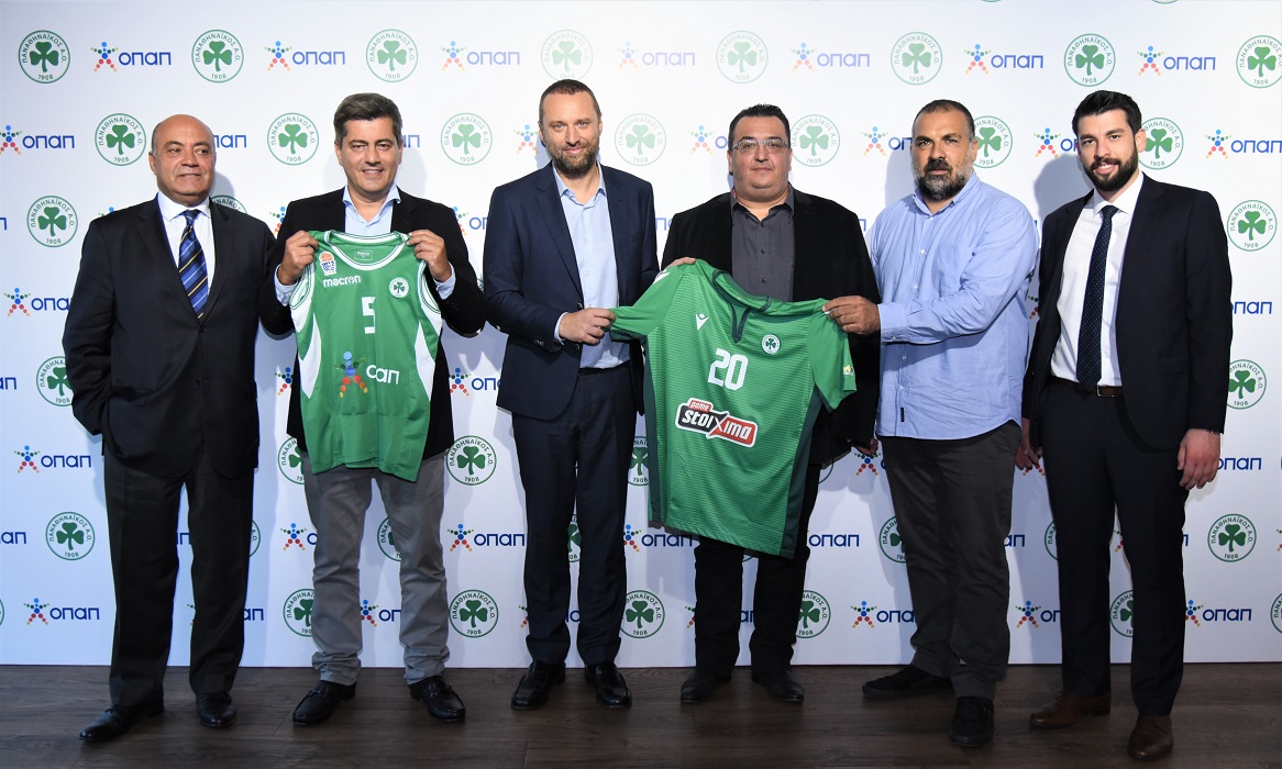 (από αριστερά): Στέφανος Αυγουλέας - Αντιπρόεδρος Παναθηναϊκού Α.Ο., Οδυσσέας Χριστοφόρου – Αναπληρωτής Διευθύνων Σύμβουλος ΟΠΑΠ, Γιάννης Ρόκκας – Διευθυντής Μάρκετινγκ Επικοινωνίας ΟΠΑΠ, Παναγιώτης Τριαντόπουλος - Αντιπρόεδρος & Διευθύνων Σύμβουλος DPG Group of Companies, Θανάσης Μπασδέκης – Υπεύθυνος Χορηγιών ΟΠΑΠ, Σταύρος Ντίνος – Γενικός Διευθυντής Παναθηναϊκού Α.Ο.