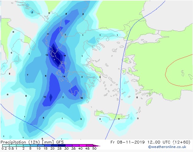 Προγνωστικός χάρτης βροχής για την Πέμπτη (7/11) από τoυς προγνώστες καιρού του Hellenicweather