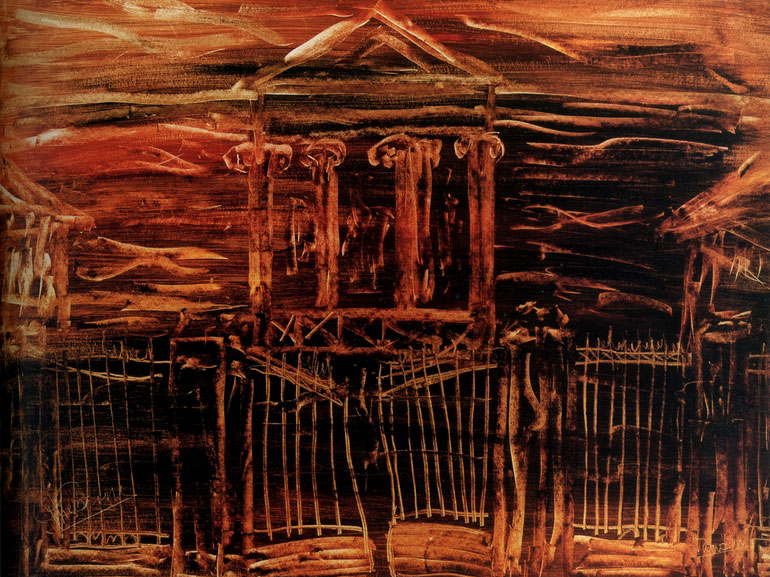 Μπροστά από κίονες και αετώματα. - 70 Χ 50 εκ. Λάδι, 1983