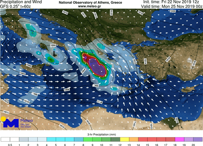 Χάρτης, στον οποίο απεικονίζεται το βαρομετρικό χαμηλό που θα προξενήσει την κακοκαιρία "Γηρυόνης" καθώς θα προσεγγίζει τη χώρα μας τη νύχτα της Κυριακής
