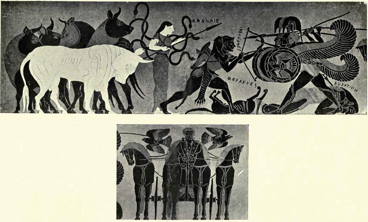 Η μάχη για τα βόδια του Γηρυόνη.  Μελανόμορφος αμφορέας του . 540 π.Χ. Πανοραμικό ανάπτυγμα της αγγειογραφίας, εμπρόσθια όψη (επάνω) και όπισθεν όψη 