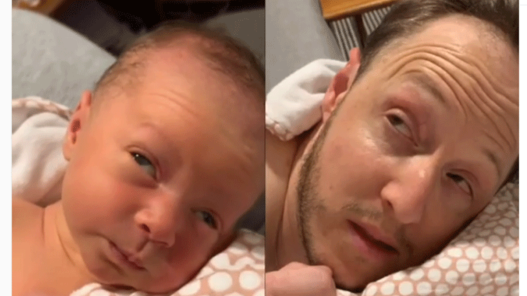 Πατέρας μιμείται τις αστείες εκφράσεις της νεογέννητης κόρης του