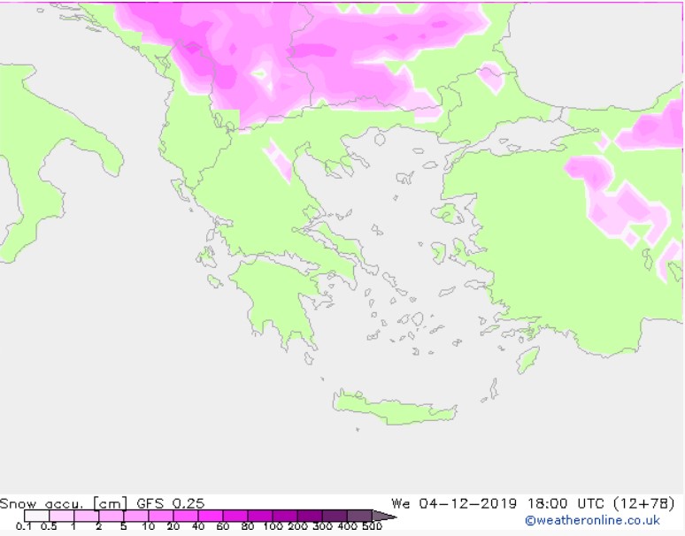 Πρόγνωση συνολικού ύψους χιονιού (cm) για την Τετάρτη (4/12) – Περιλαμβάνονται και οι νυχτερινές ώρες της Τρίτης