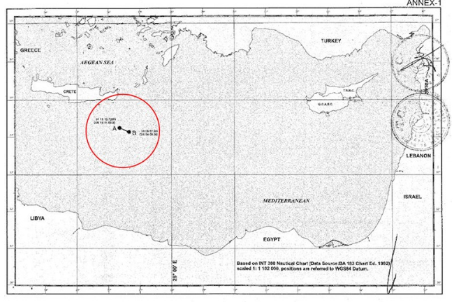 Αυτός είναι ο χάρτης που κατατέθηκε στο τουρκικό κοινοβούλιο. Σε κόκκινο κύκλο το σημείο επαφής των ΑΟΖ Λιβύης - Τουρκίας νότια της Κρήτης