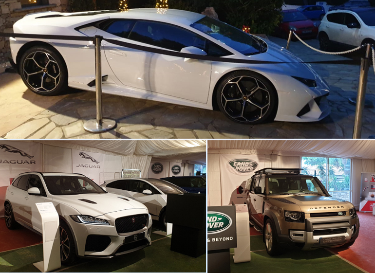 Πάνω η Lamborghini Huracan EVO, κάτω δεξιά το Land Rover Defender και κάτω αριστερά η Jaguar F-Pace των 550 ίππων