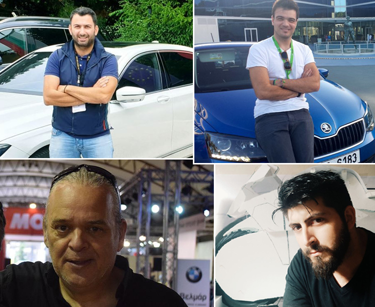 H ομάδα του AutoMoto by zougla.gr. Πάνω: Βασίλης Σαρημπαλίδης (αριστερά) και Λουκάς Παπαλάμπρος και κάτω, Νίκος Βιτσιλάκης (αριστερά) και Νίκος Τσαμάνδουρας