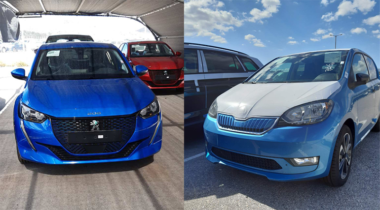 Δεξιά το ηλεκτρικό Skoda Citigo και αριστερά το, επίσης ηλεκτρικό, Peugeot 208