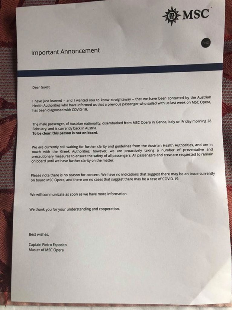 Η επιστολή - ανακοίνωση που έλαβαν ο επιβάτες του πλοίου