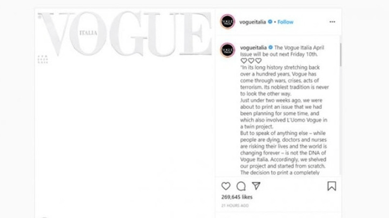 To τεύχος Απριλίου του Vogue Italia κυκλοφόρησε με λευκό εξώφυλλο