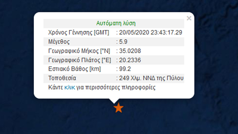 Iσχυρή σεισμική δόνηση 5,9R στη Μεσόγειο 238 χιλ. νότια της Πύλου