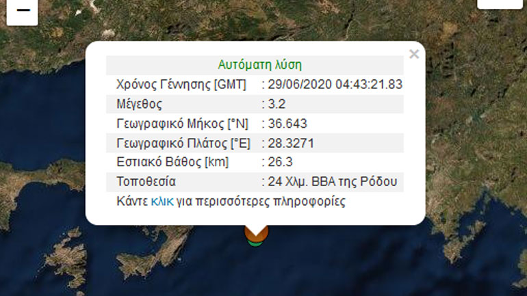 Νέα σεισμική δόνηση 3,2 Ρίχτερ στα Δωδεκάνησα