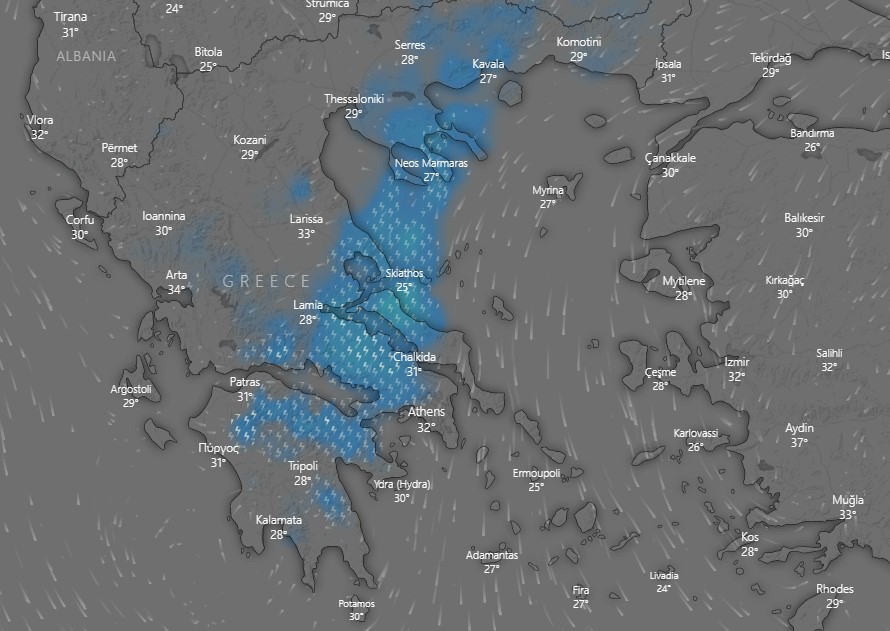Βροχοπτώσεις την Κυριακή το απόγευμα σύμφωνα με τον χάρτη του windy
