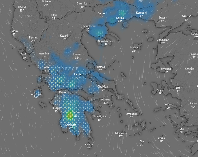 Βροχοπτώσεις την Κυριακή το μεσημέρι σύμφωνα με τον χάρτη του windy