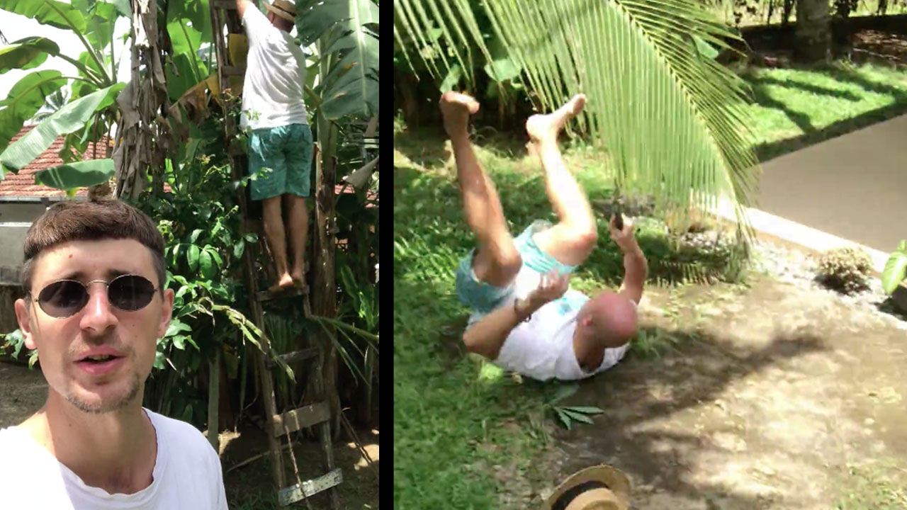 Άνδρας χάνει την ισορροπία του ενώ κόβει μπανάνες