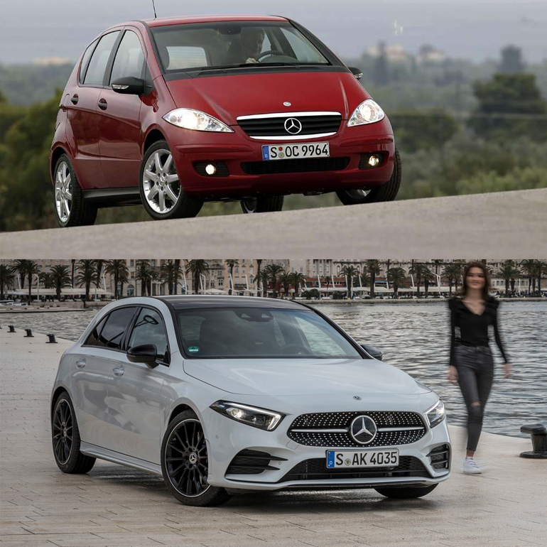 Στην πάνω εικόνα η Mercedes A Class το 2005 και στην κάτω η A Class το 2020