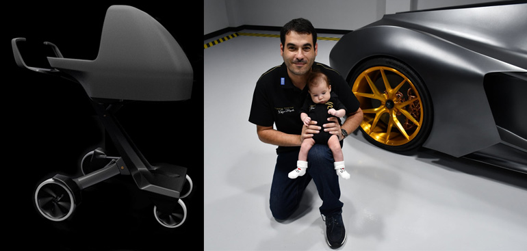 Ο Σπύρος Πανόπουλος με την κόρη του και το νέο του... δημιούργημα (αριστερά, ένα καρότσι από ανθρακονήματα)