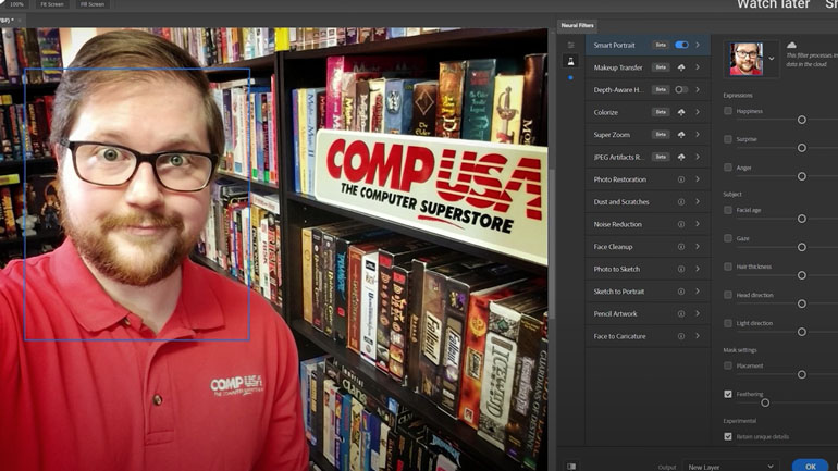 Άνδρας διασκεδάζει με τα φίλτρα τεχνητής νοημοσύνης του photoshop